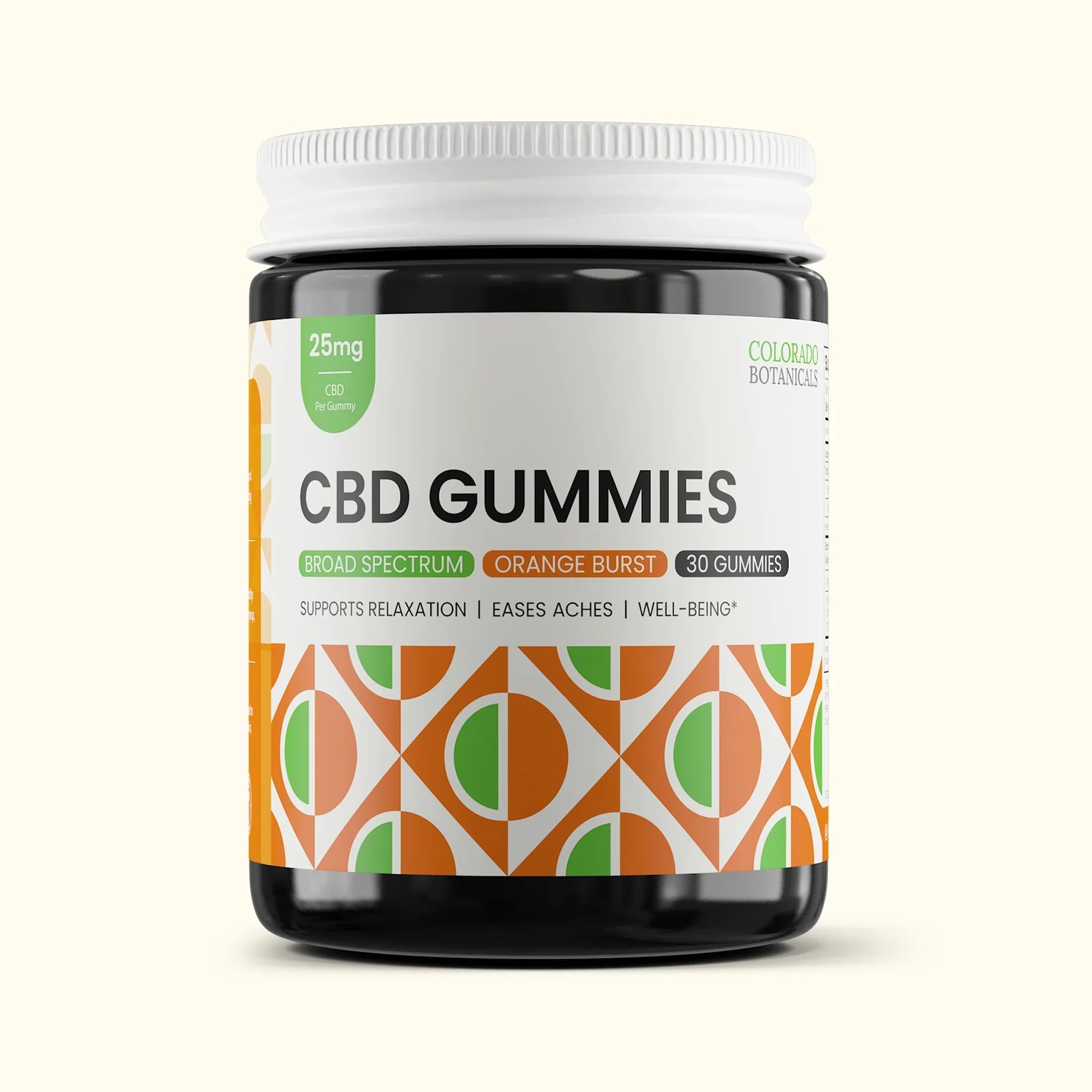 A jar of Colorado Botanicals CBD Gummies, broad spectrum, orange burst flavor, containing 30 gummies and 25mg CBD per serving. The label highlights relaxation and ache relief benefits.