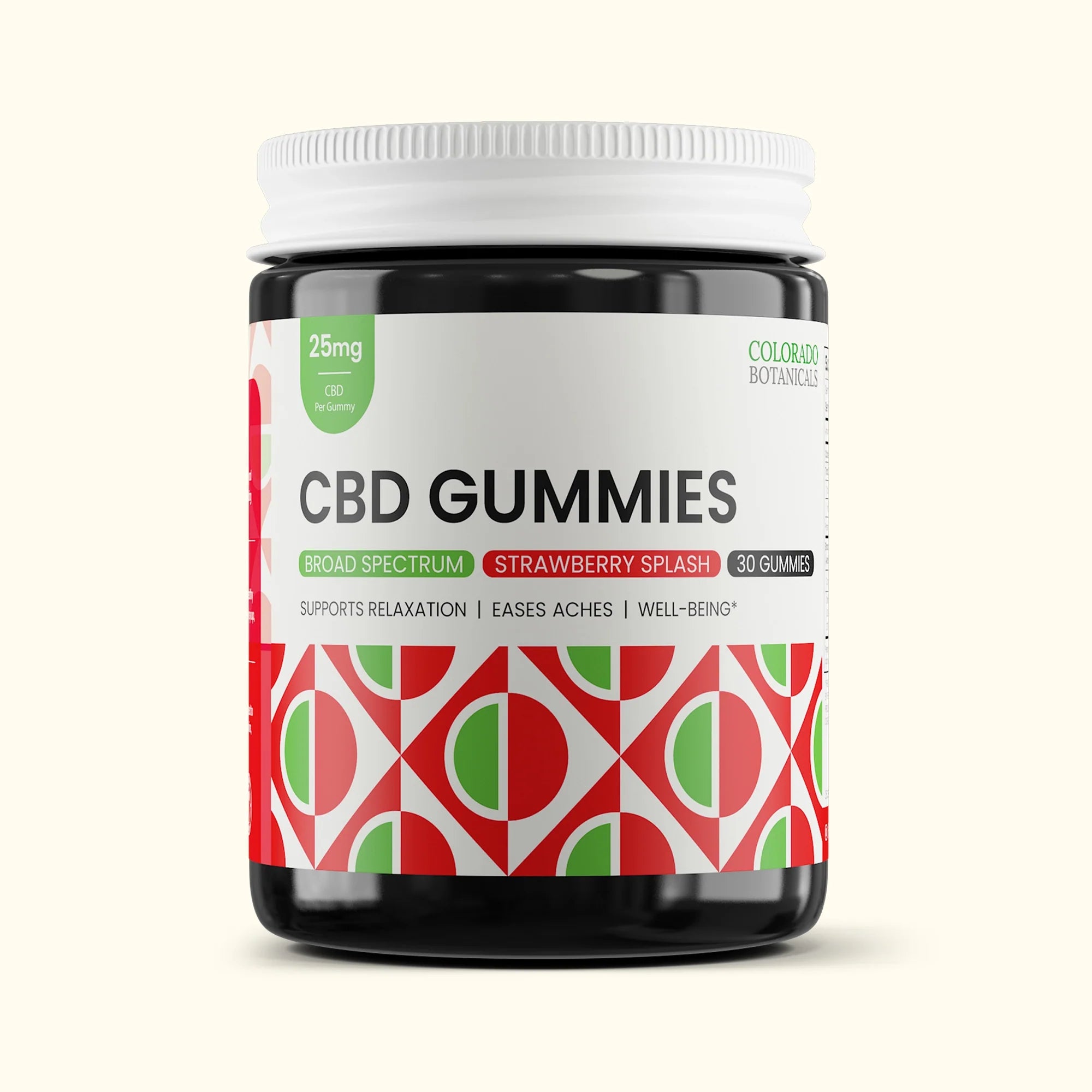 A jar of CBD Gummies labeled Broad Spectrum Strawberry Splash, containing 30 gummies with 25mg CBD each. The jar features a red and green geometric design.