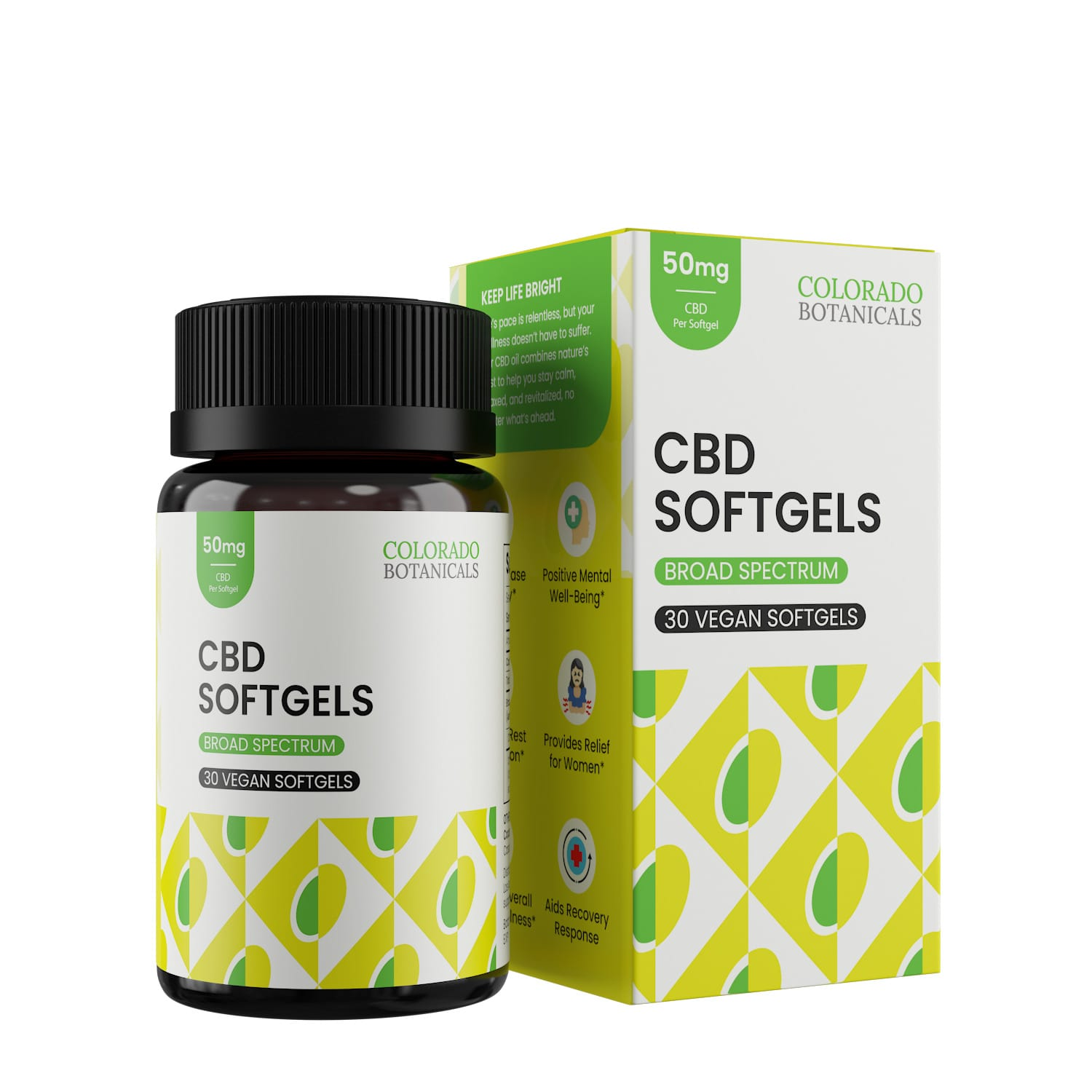 A bottle and box of Colorado Botanicals CBD Softgels, broad spectrum, 50mg, 30 vegan softgels, with a green and yellow geometric design.