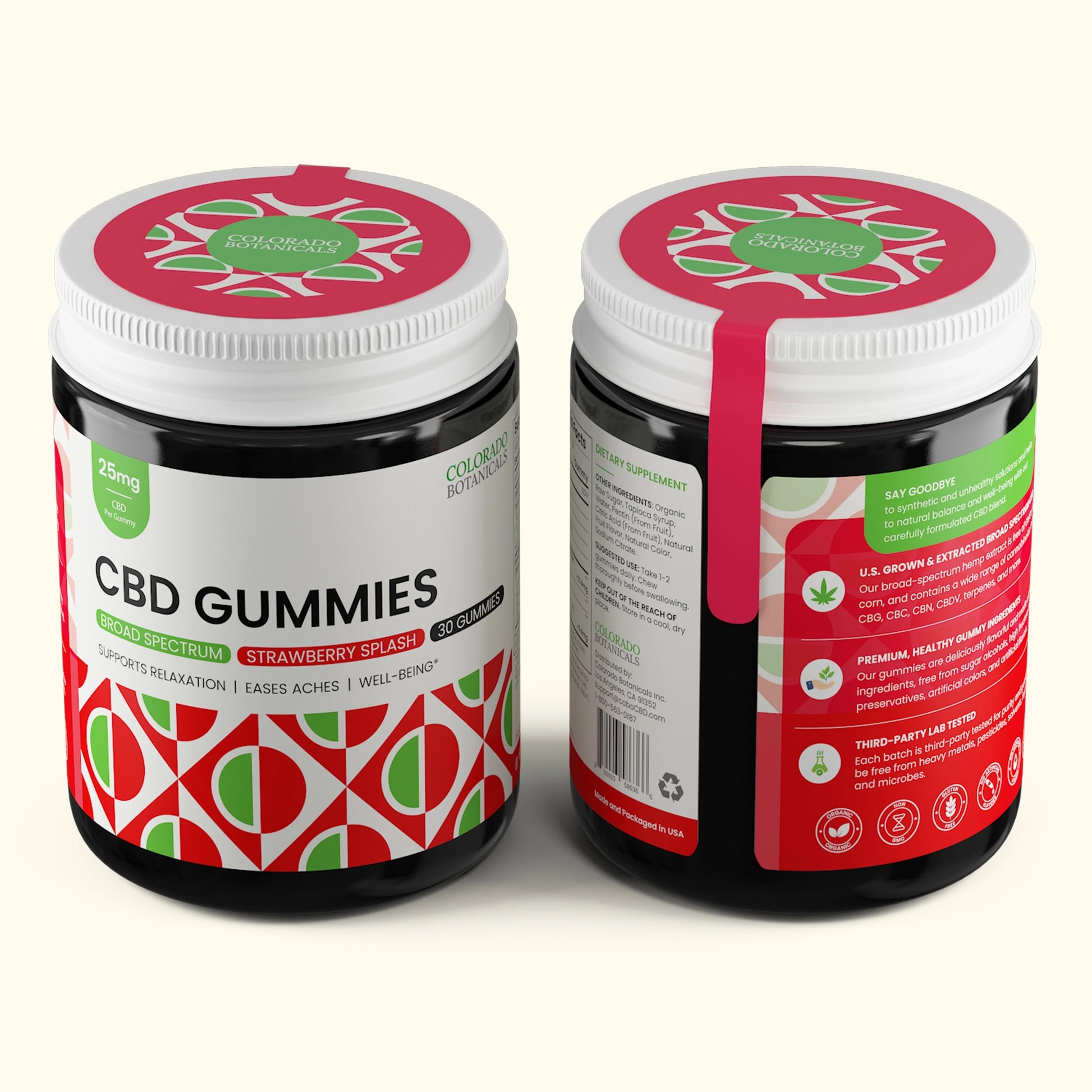 Colorado Botanicals 25mg CBD Gummies for Pain Anxiety Sleep Organic Vegan Gluten-Free Gummy Top View Strawberry Flavor