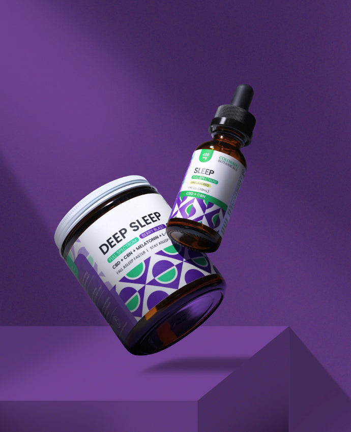 Colorado Botanicals CBN gummies for sleep with CBD CBN Oil tincture on purple background