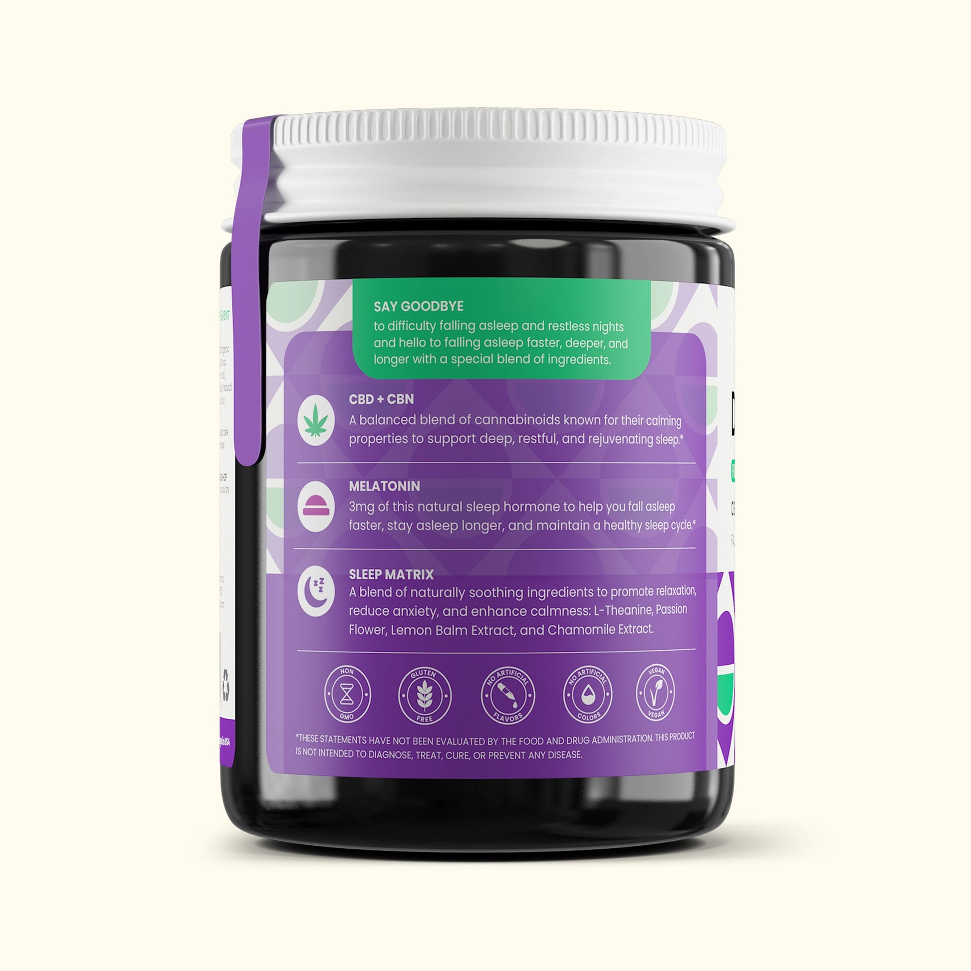 Side view of Colorado Botanicals CBD Gummies for Sleep with CBN and Melatonin Vegan Gluten-Free and Non-GMO Bottle