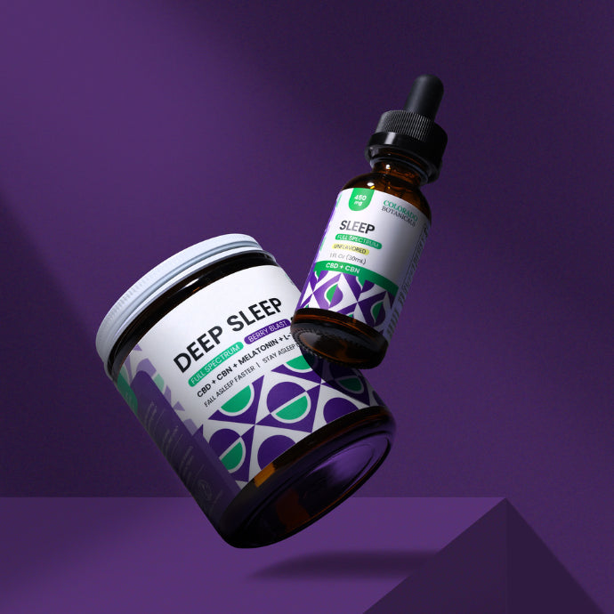Colorado Botanicals CBN Oil and CBN Gummies for Sleep and Calm with purple background