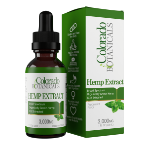 3,000mg Broad Spectrum CBD Oil Peppermint Flavor containing 100mg of CBD per 1mL and is also THC Free by Colorado Botanicals Box+Bottle